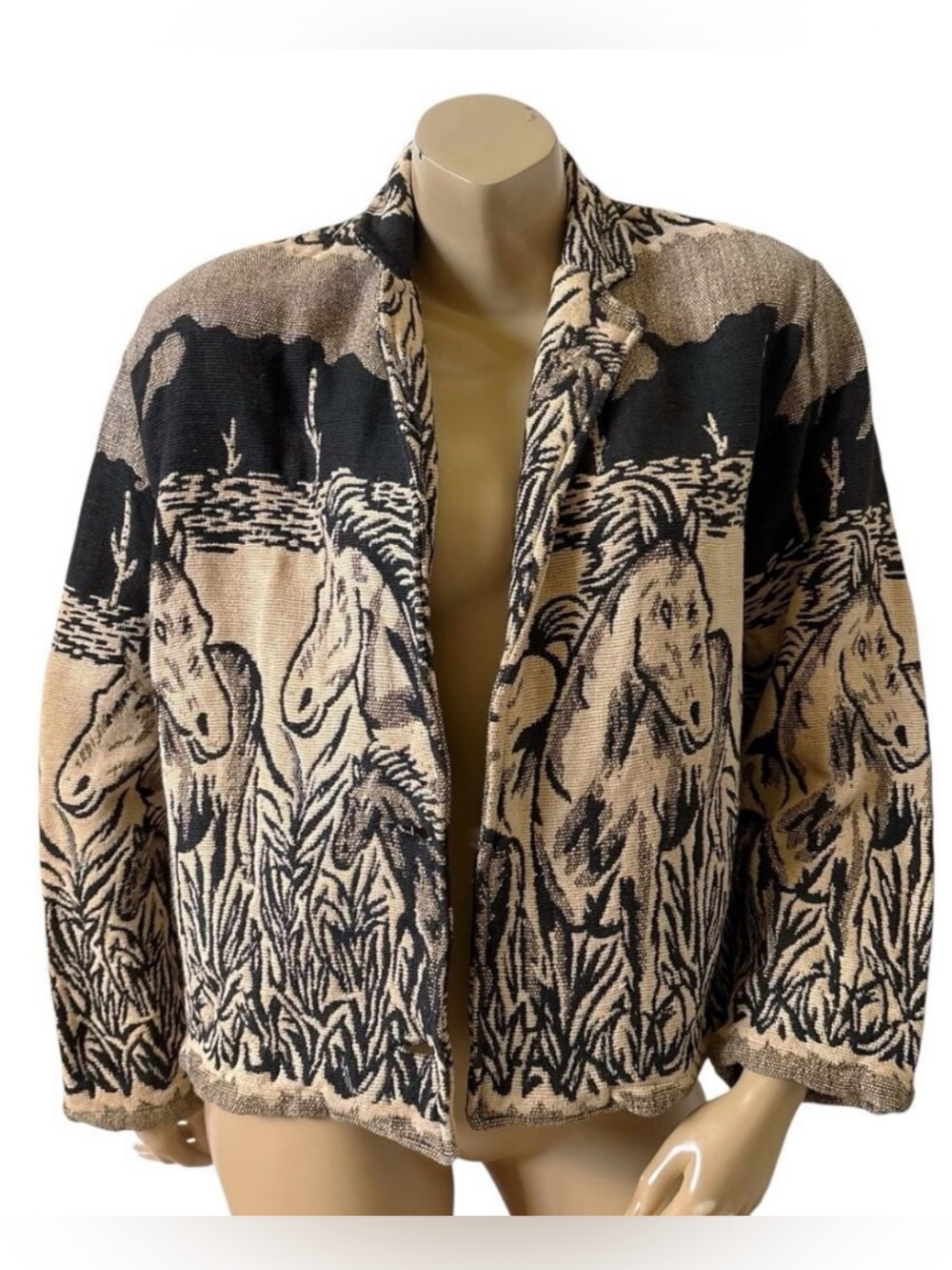 Vintage New Identity Horse Tapestry Jacket Womens Large Equestrian Open Front